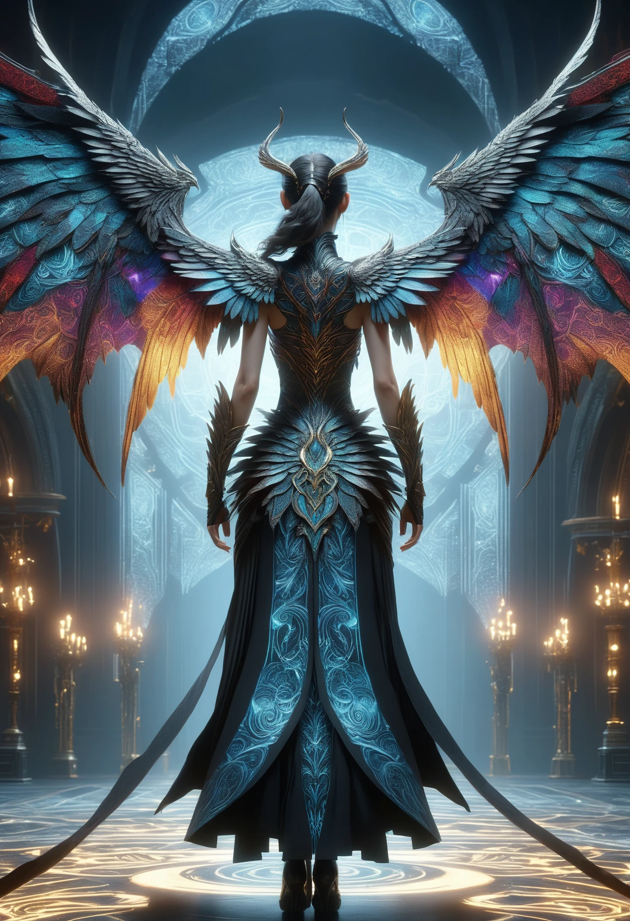 awesome quality, dynamic,DonMDr4g0nXL woman from behind,wings attached to back,skirt, (draconid:0.25) patterned cryptic arcane <lora:myLora\DonMDr4g0nXL-v1.1rb:1>
