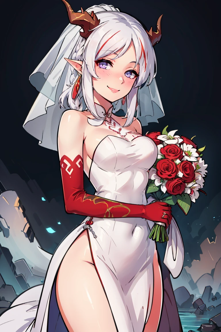 ((masterpiece,best quality)), absurdres, <lora:Nian_Arknights:0.8>, nian (arknights), smile,  dragon horns, jewelry, multicolored hair, solo, smile, looking at viewer, cowboy shot,  bride, wedding dress, bridal veil, strapless dress, elbow gloves,  holding bouquet,