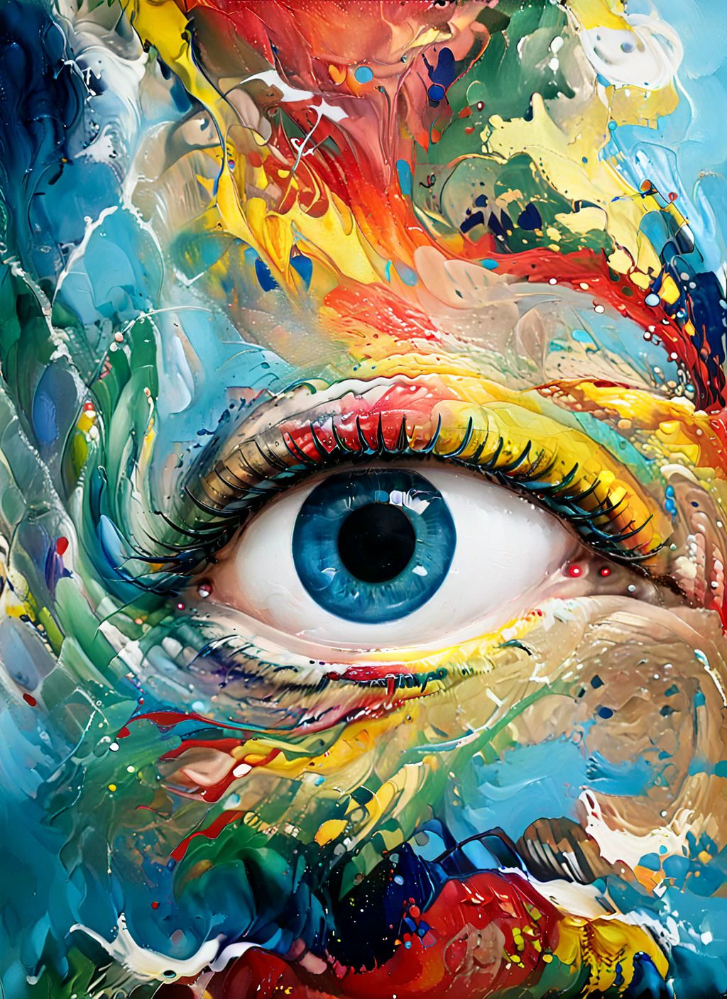 Abstract style Abstract colourful painting of 1eye with a spiral pattern of thick 3D paint swirls splashes surrounding it  , sylvain sarrailh and igor morski, saatchi art, icon for an ai app, focus close on detesting eyes, (colour) eyes, deep impasto, noticeable tear on the cheek, connectedness, amazing splashscreen artwork, focus and ( gaussian blur ), abdulov, eye. ((very thick paint)) <lora:xl_more_art-full_v1:1.8>, cinematic  photorealistic, 8k uhd natural lighting, raw, rich, intricate details, key visual, atmospheric lighting, 35mm photograph, film, bokeh, professional, 4k, highly detailed . Non-representational, colors and shapes, expression of feelings, imaginative, highly detailed