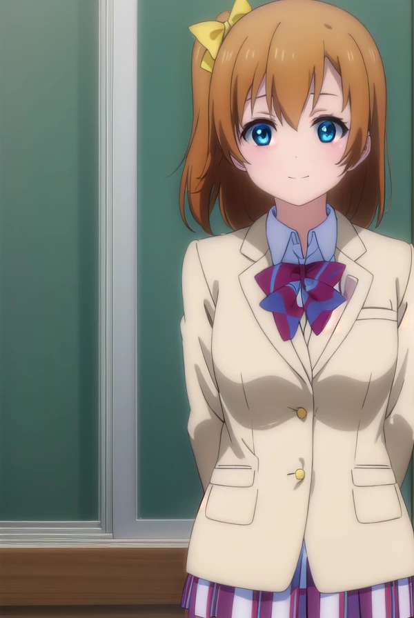 honokakousaka, <lora:honoka kousaka s1-lora-nochekaiser:1>,
honoka kousaka, blue eyes, brown hair, hair bow, orange hair, (one side up:1.2), short hair, yellow bow, smile,
BREAK skirt, school uniform, jacket, blazer, winter uniform, otonokizaka school uniform,
BREAK indoors, classroom,
BREAK looking at viewer, (cowboy shot:1.5),
BREAK <lyco:GoodHands-beta2:1>, (masterpiece:1.2), best quality, high resolution, unity 8k wallpaper, (illustration:0.8), (beautiful detailed eyes:1.6), extremely detailed face, perfect lighting, extremely detailed CG, (perfect hands, perfect anatomy),