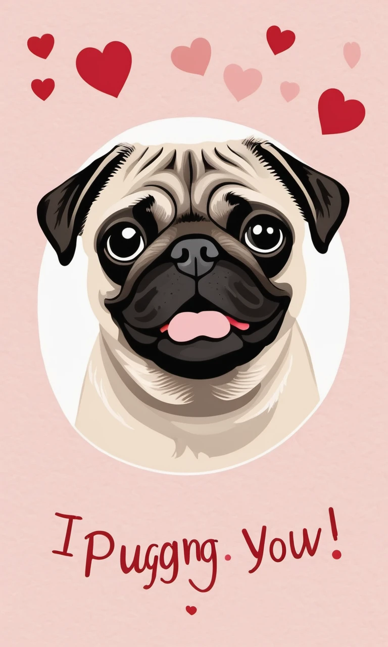 valentine card, simple background, cute pug, text reads "I pugging WUV you!", hearts,