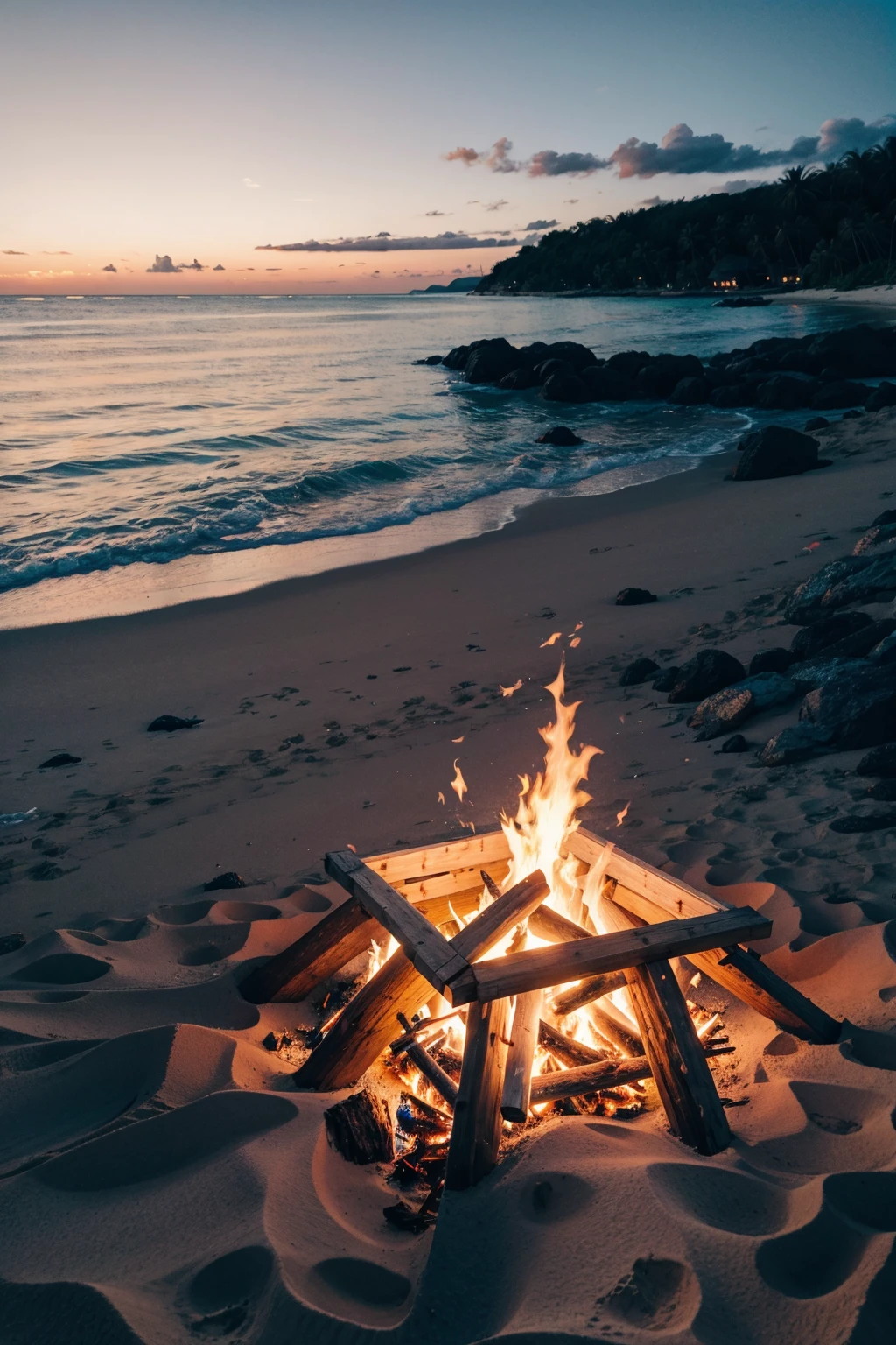 (Close-up of a beachside bonfire:1.2), a rustic beachfront cabin, and crystal-clear waters with coral reefs, in a tropical island.