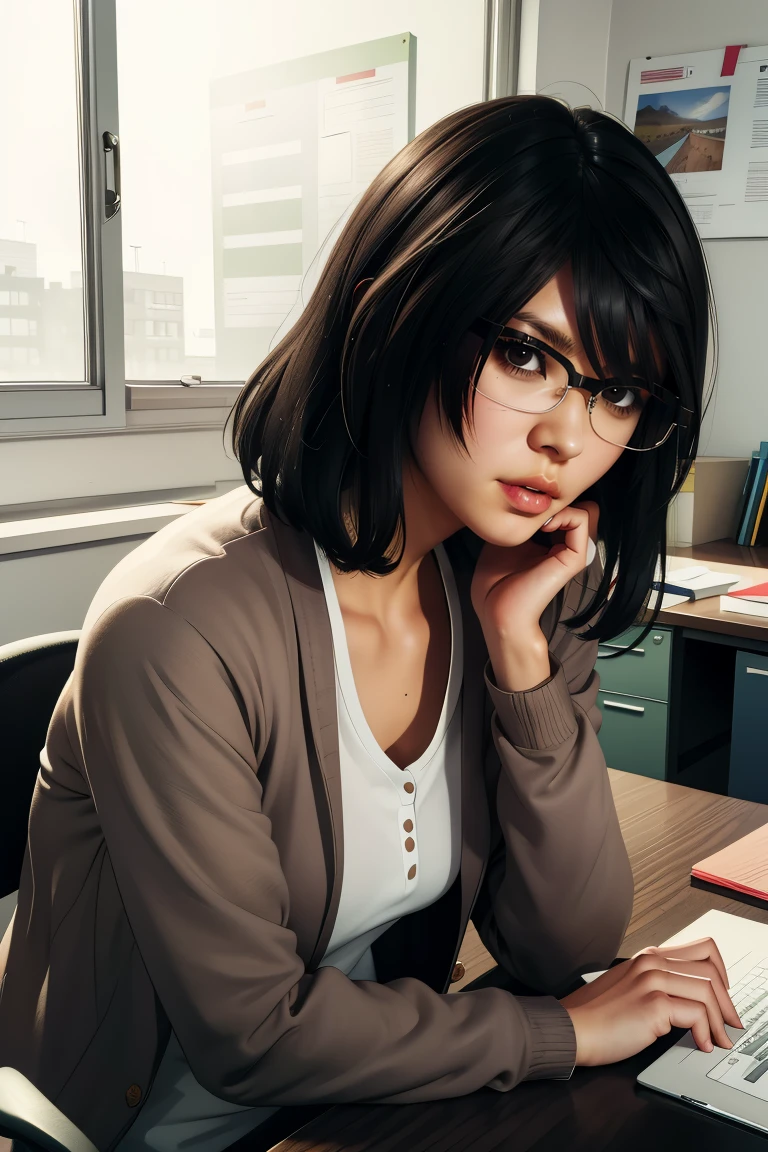 Saori,black hair,messy hair,brown eyes,
sweater jacket,white shirt,glasses,
looking at viewer,expressionless,
sitting,upper body,
indoors,office,desk,
(insanely detailed,masterpiece, best quality),solo,<lora:SaoriShirosaki:0.8>,