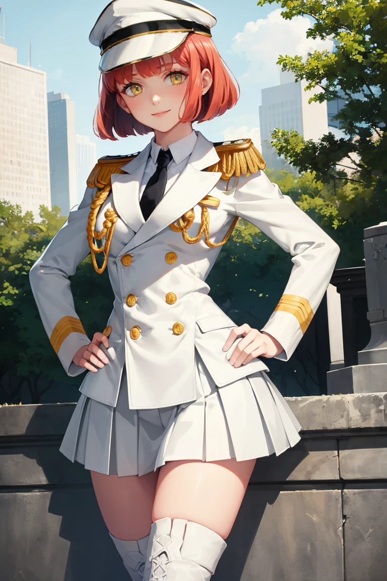 masterpiece, best quality, absurdres, HarukaNanami, short hair, peaked cap, military uniform, epaulettes, black necktie, white jacket, white skirt, thigh boots, outdoors, hands on hips, smile, <lora:HarukaNanami:1>