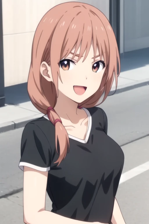 ((masterpiece)),(best quality),official art,extremely detailed CG,unity 8k wallpaper,ultra detailed,beautiful detailed eyes,extremely detailed face,street,1girl,solo,upper body,(portrait:1.5),looking at viewer,facing viewer,v-shaped_eyebrows,:d,open_mouth,long_hair,brown_hair,hair_over_shoulder,bangs,brown_eyes,collarbone,t-shirt,black_shirt,medium breasts,jeans,leather_footwear,<lora:Hanabatake Yoshie(ag)>,