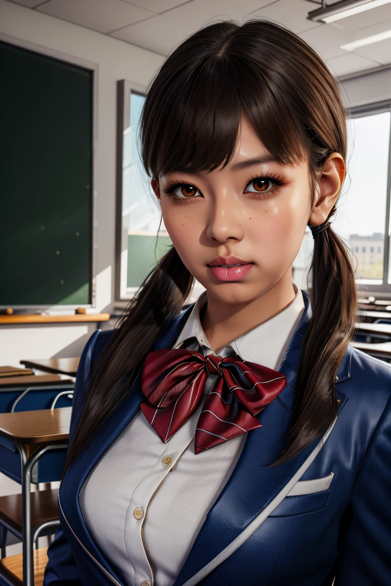 koda,brown eyes,black hair,twintails,
blue jacket,striped bow,white shirt,
looking at viewer,
classroom,
standing,upper body,
(insanely detailed,masterpiece, best quality),solo,<lora:KodaMami:0.8>,