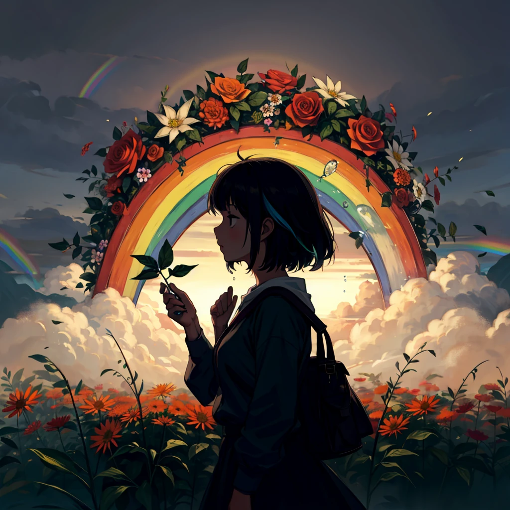 1girl, flowers, leaf, swirling mist, rainbow mist, dripping, traditional texture, (silhouette:1.3), rainbow:1.3