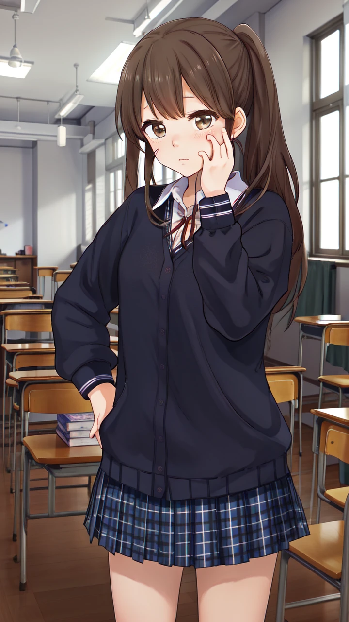 masterpiece, best best quality, 8k,
<lora:Yuna_Toomi.v2-000003:0.9> yuna toomi,
small brown eyes,
hand on own face, 
standing,
school uniform, blue cardigan,
plaid skirt, pleated skirt, 
((blurry background)),