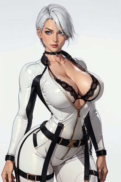 masterpiece,best quality,extreme detail,8k,(white background),<lora:christie:0.7>,christie2,1girl,solo,breasts,short hair,gray eyes,large breasts,cleavage,underwear,white hair,choker,belt,bra,bodysuit,lingerie,black bra,lace,unzipped,jumpsuit,