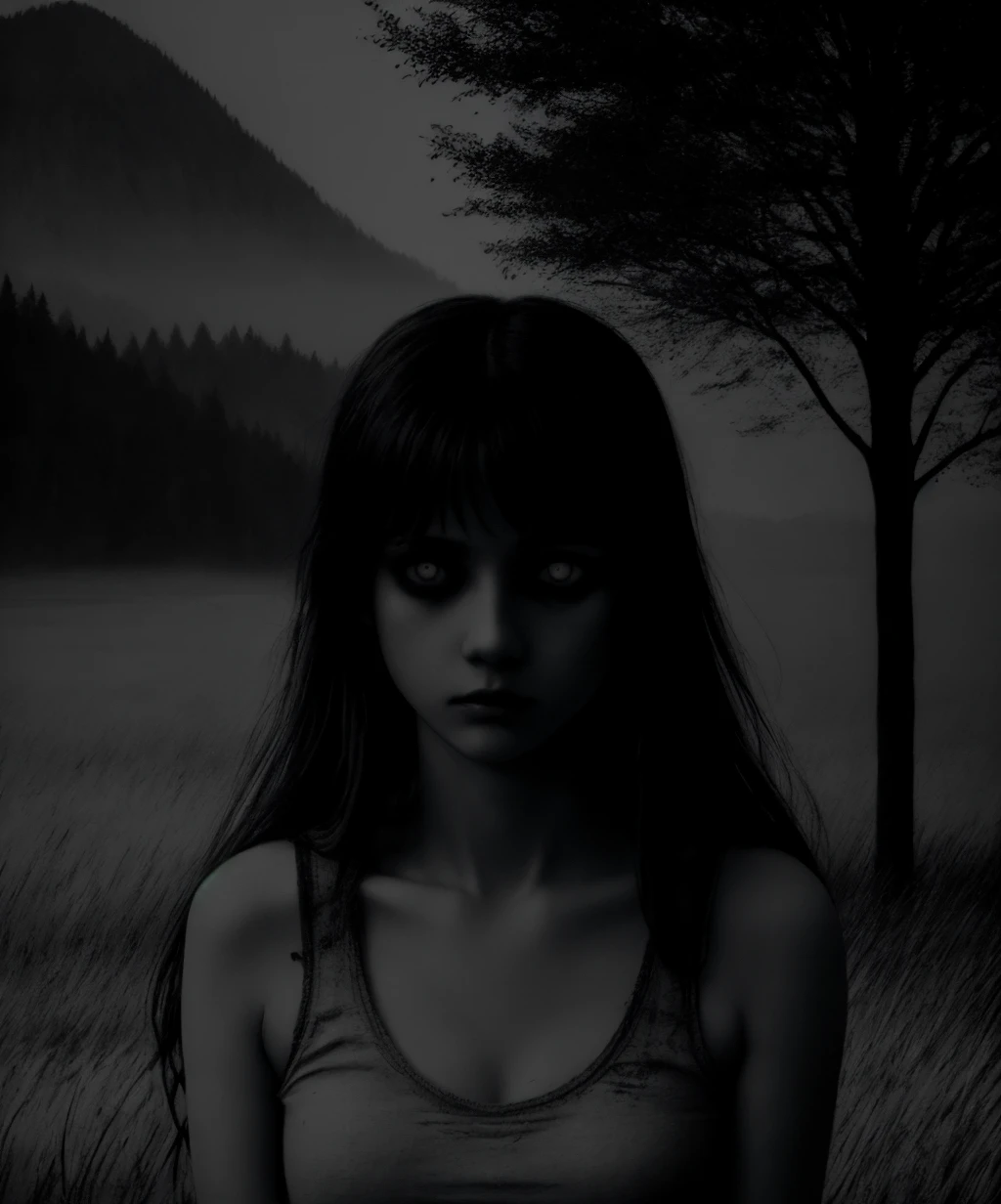 Sadako, long black hair, facing viewer, pale skin, hair over eyes, White dress, long sleeves ,dirty clothes, 独奏、Horror、Imaginary landscape、暗darkness、darkness、Thick Fog、Real