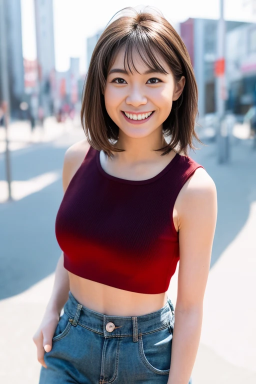 1girl, (crop top:1.4),(RAW photo, best quality), (realistic, photo-realistic:1.4), (ultra detailed:1.8),masterpiece, an extremely delicate and beautiful, extremely detailed, 2k wallpaper, Amazing, finely detail, extremely detailed CG unity 8k wallpaper, ultra-detailed, highres, soft light, beautiful detailed girl, extremely detailed eyes and face, beautiful detailed nose, beautiful detailed eyes,(professional lighting:1.6),(city:2.0),perfect anatomy,(slender body:1.8),(close up face:1.8),(light smile,cheerful,friendly, warm:1.8),(looking at viewer:1.8),(young japanese:1.8),(wavy light brown short hair:1.6), (brown eyes:1.8),(arms behind:2.0), (blurry,bokeh background:1.6), <lora:saitoushuka_lora-16:0.9>