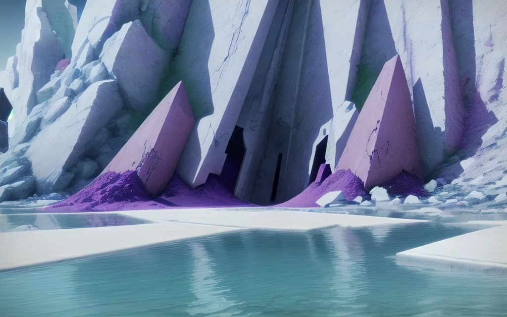 a land full of geometric shapes made of (white stone:1.1) with (purple rifts:1.1) lighting areas, there is (purple sand:1.1) (falling:1.1) and (yellow metal:1.1) parts, with (metal objects:1.1) floating about, water in the foreground<lora:Realm_of_the_Nine:1.0><lora:Realm_of_the_Nine:1.0><lora:Realm_of_the_Nine:1.0><lora:Realm_of_the_Nine:1.0>