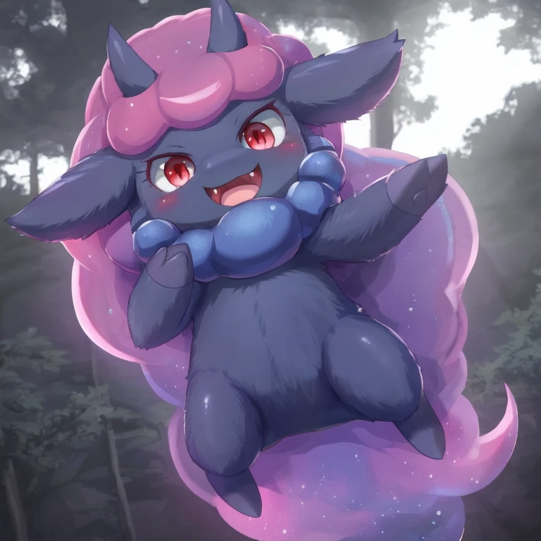 <lora:DaeDream_Palworld_v1.0_:1> (daedream:1.2), solo, detailed background, floating, fangs, open mouth, smile, red eyes, forest, by battler, by horokusa0519, blue neck tuft, dipstick limbs,
