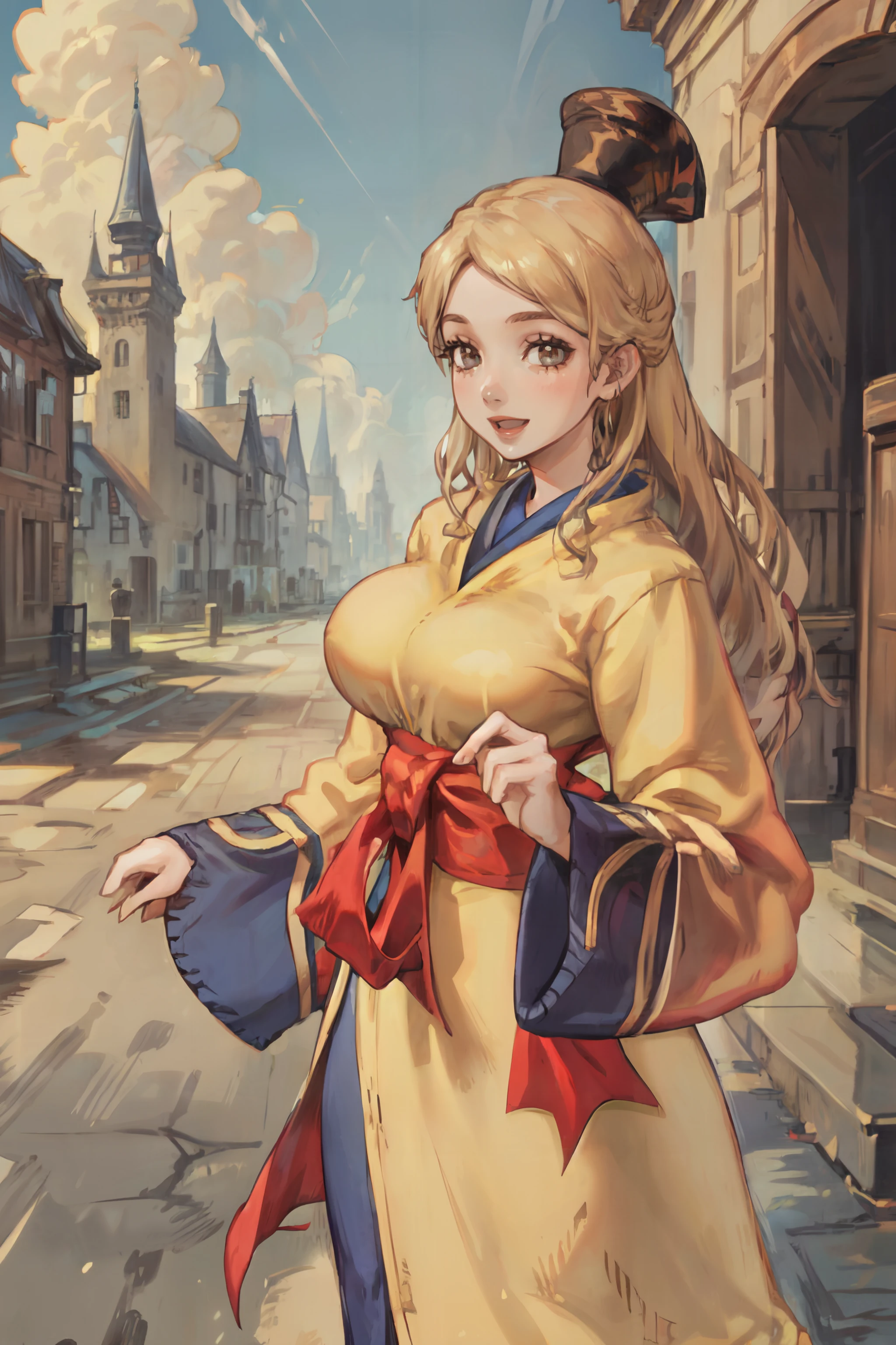 (masterpiece, best quality, ultra detailed, beautiful illustration), atmospheric perspective, depth of field, beautiful detailed eyes, anime eyes:1.4, looking at the viewer, (cowboy shot), dynamic pose, dynamic angle, (outdoors, medieval castle, blue sky, clouds), 1girl, :d, (large breasts), MysticFFT, long hair, blonde hair, brown eyes, hat, yellow korean clothes, long sleeves, wide sleeves, red sash, shoes, <lora:FinalFantasy_FemaleMystic:1>