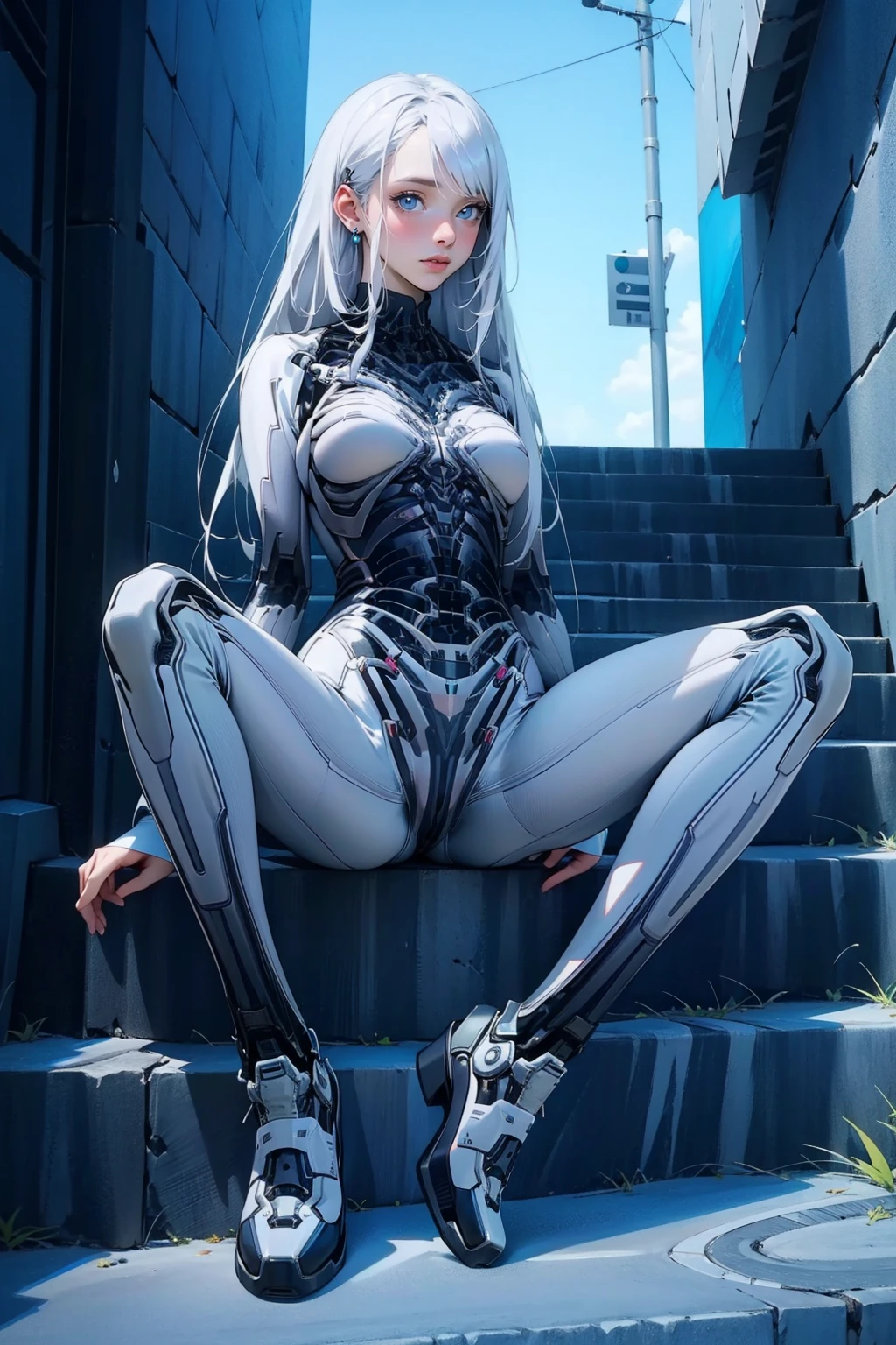 1girl,solo,medium breasts,outdoors,<lora:GoodHands-beta2:1>,(full body:1.3),(spread legs:1.1),<lora:0213 mechanical print jumpsuit_v1:0.9>,ruanyi0213,cable,mechanical parts,spine,sitting on stairs,sitting,, best quality,masterpiece,highres,official art,extremely detailed cg unity 8k wallpaper
