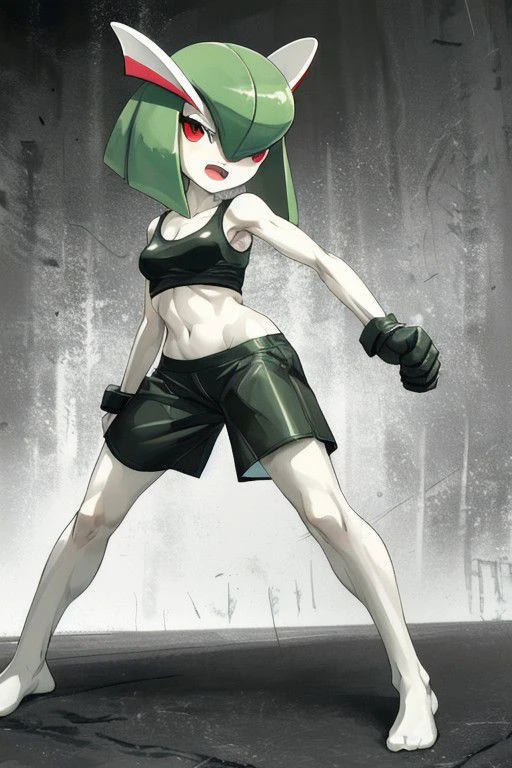 Kirlia, Female, Sexy, green hair, pale white skin, messy hair, naughty expression, detailed face, fighting stance, wearing biker shorts and t-top, toned body, high resolution