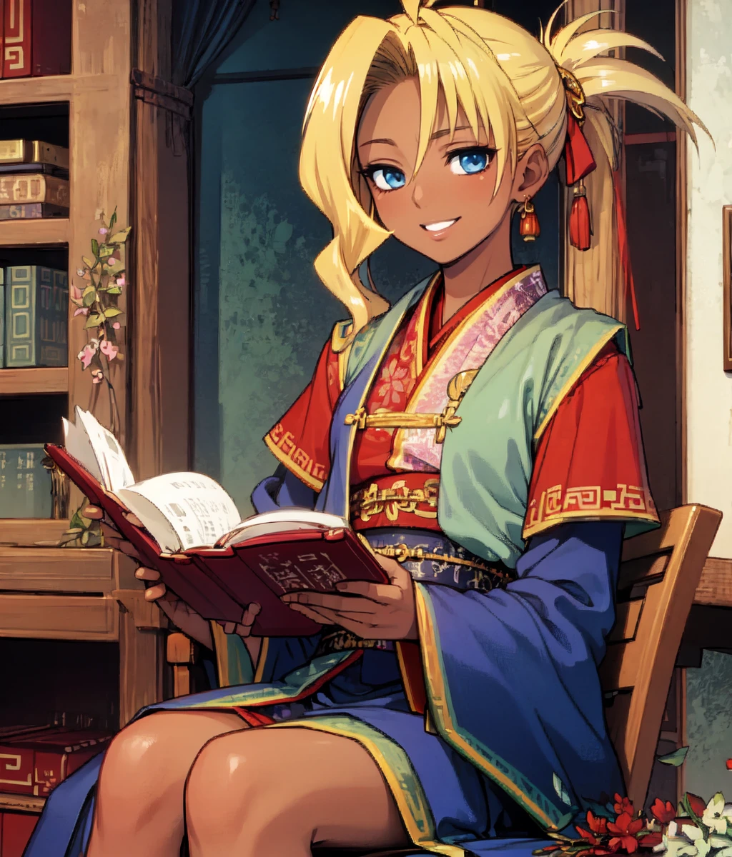 masterpiece, anime screencap, 1girl, solo, mature woman, blonde hair, dark skin, hair covering one eye, eye visible through hair, open eyes, blue eyes, blue outfit, chinese clothes, reading, sitting, indoors, smile office, medieval, full body, cowboy shot <lora:Lucretia:1>