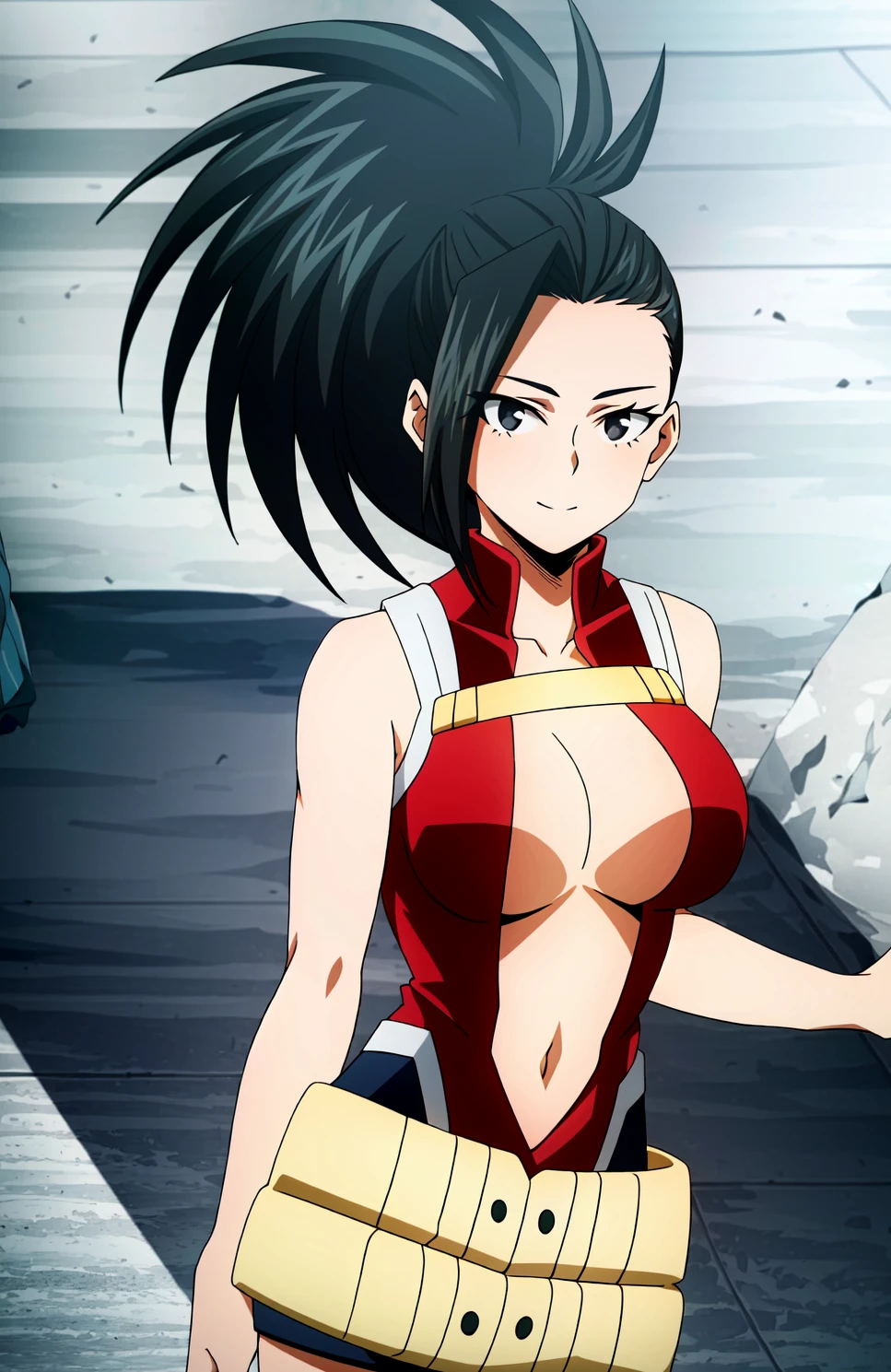 (extremely detailed CG unity 4k wallpaper),(masterpiece),(best quality),(ultra-detailed),(best illustration),(best shadow),(absurdres),(detailed background) <lora:OGT_Momo_Yoayorozu-v1:1> Momo Yaoyorozu, 1girl, breasts, solo, yaoyorozu momo, black hair, center opening, looking at viewer, navel, high ponytail, leotard, closed mouth, ponytail, wide ponytail, black eyes, bare shoulders, halterneck, bangs, belt, red leotard, outdoors, hair pulled back, expressionless, standing, long hair, collarbone, upper body, breasts apart, v arms, rock, cowboy shot, large breasts, cleavage, medium breasts, turtleneck, blurry, beltskirt, loose belt, light smile