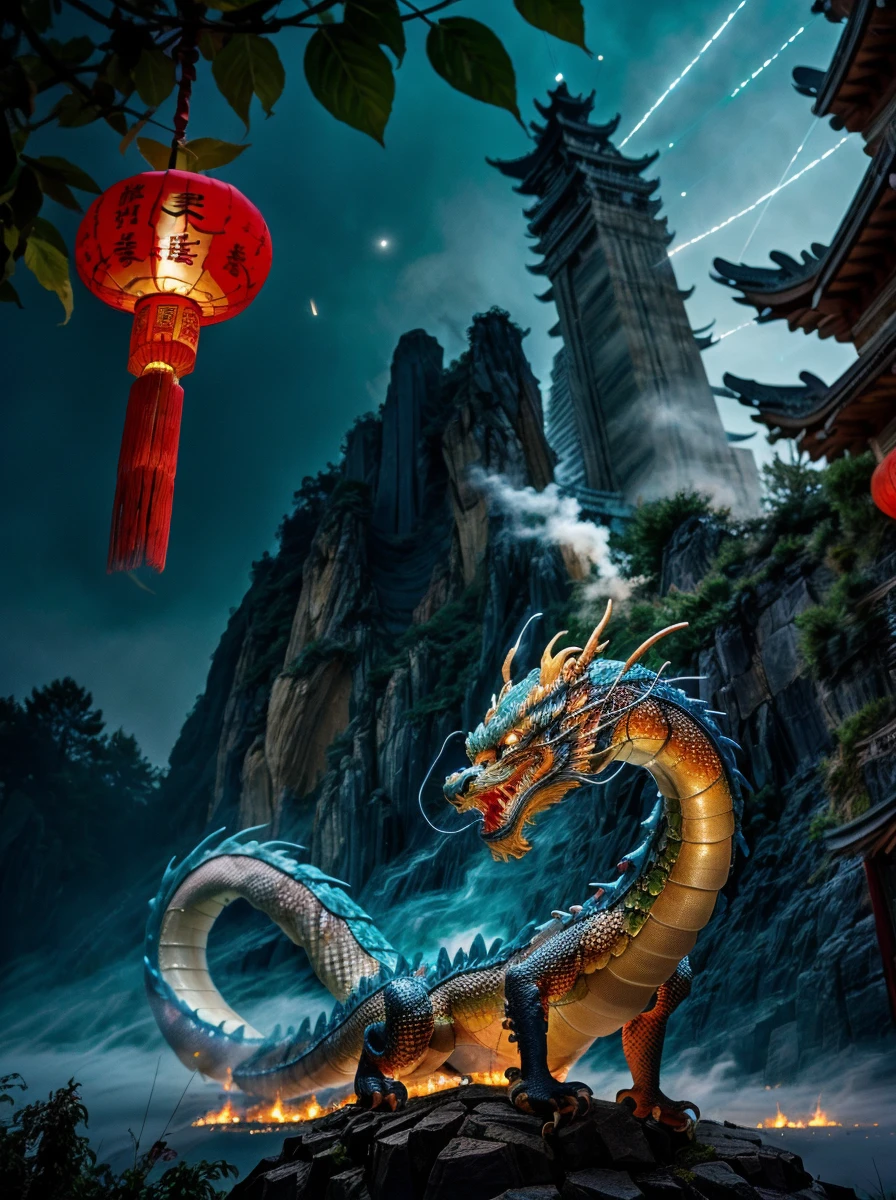 <lora:quiron_lunarNewYear2024_v1_lora:0.87> lunarNewYear2024quiron,festival party, lights, fireworks, chinese festival, crowded, new year celebration ,
claws, dragon, east asian architecture, fine art parody, lunar new year 2024 quiron, lunarnewyear2024quiron, open mouth, paper lantern, realistic, sharp teeth, tail,
eastern dragon, scales, crocodile nose, red (Chinese lanterns )in background, fog, fireworks and fog far background, fire, lighting, glowing dragon scales, intricate detailed, 1 ghostly cat imbued with spectral energy, glowing light blue eyes, at night, surrounded by light blue particles and green mists, necrotic atmosphere, full moon, deep blue sky, shiny stars, masterpiece, high quality, best quality, sharp details, extremely detailed, 4k, perfect lightning.,