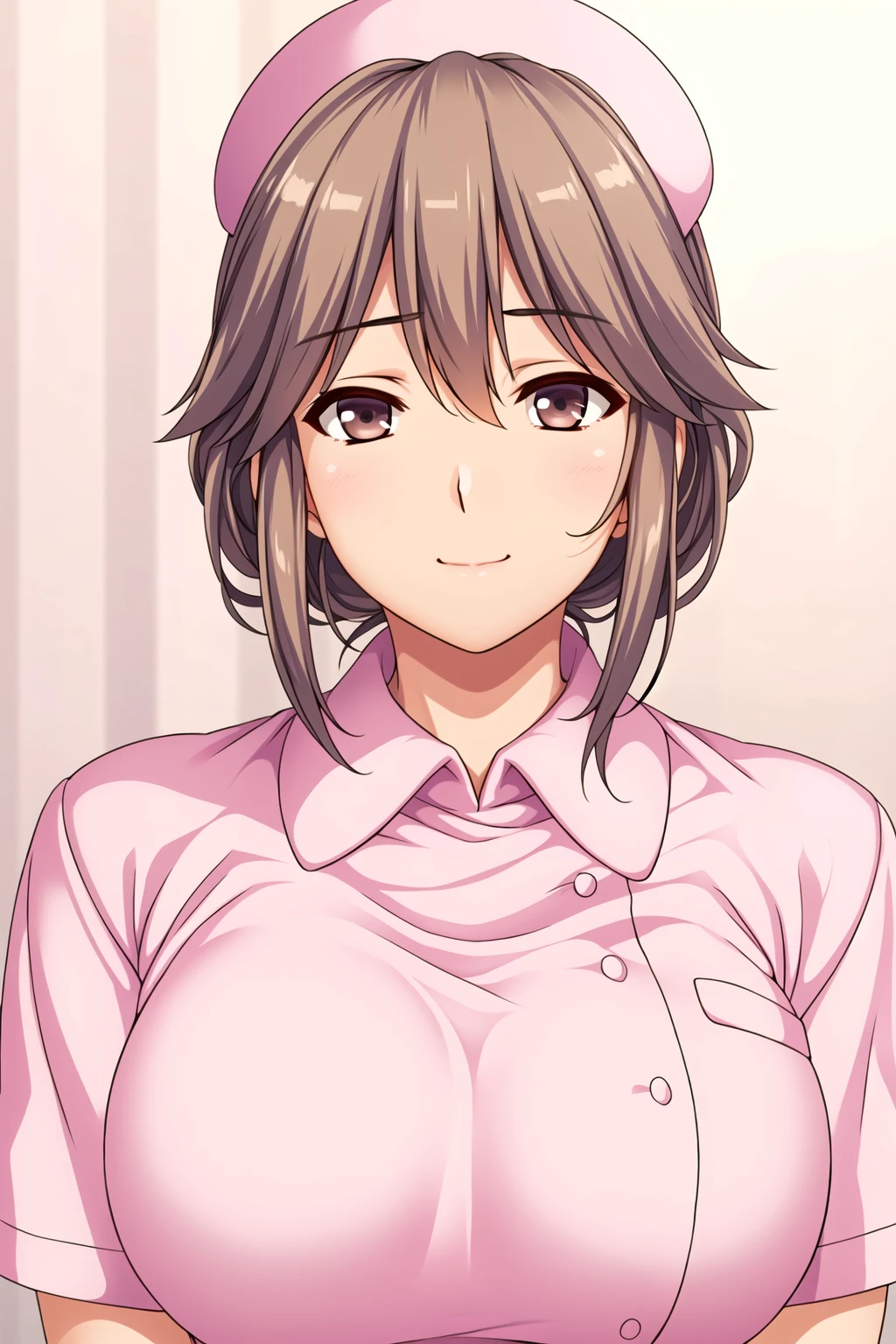 Simple white background,
nurse uniform, pink shirt,short sleeves,
<lora:Akagi_Mio_BokutoNurse-KK77-V1:0.7>,nurse, nurse cap,
brown eyes, brown hair,bangs,Short hair,
<lora:Oda_Non_Style-KK77-V2:0.3>,<lora:more_details:0.1>,
1 girl, 20yo,Young female,Beautiful long legs,Beautiful body,
Beautiful Nose,Beautiful character design, perfect eyes, perfect face,expressive eyes,perfect balance,
looking at viewer,(Focus on her face),closed mouth, (innocent_big_eyes:1.0),(Light_Smile:0.3),
official art,extremely detailed CG unity 8k wallpaper, perfect lighting,Colorful, Bright_Front_face_Lighting,White skin,
(masterpiece:1.0),(best_quality:1.0), ultra high res,4K,ultra-detailed,
photography, 8K, HDR, highres, absurdres:1.2, Kodak portra 400, film grain, blurry background, bokeh:1.2, lens flare, (vibrant_color:1.2),professional photograph,
(Beautiful,large_Breasts:1.4), (beautiful_face:1.5),(narrow_waist),