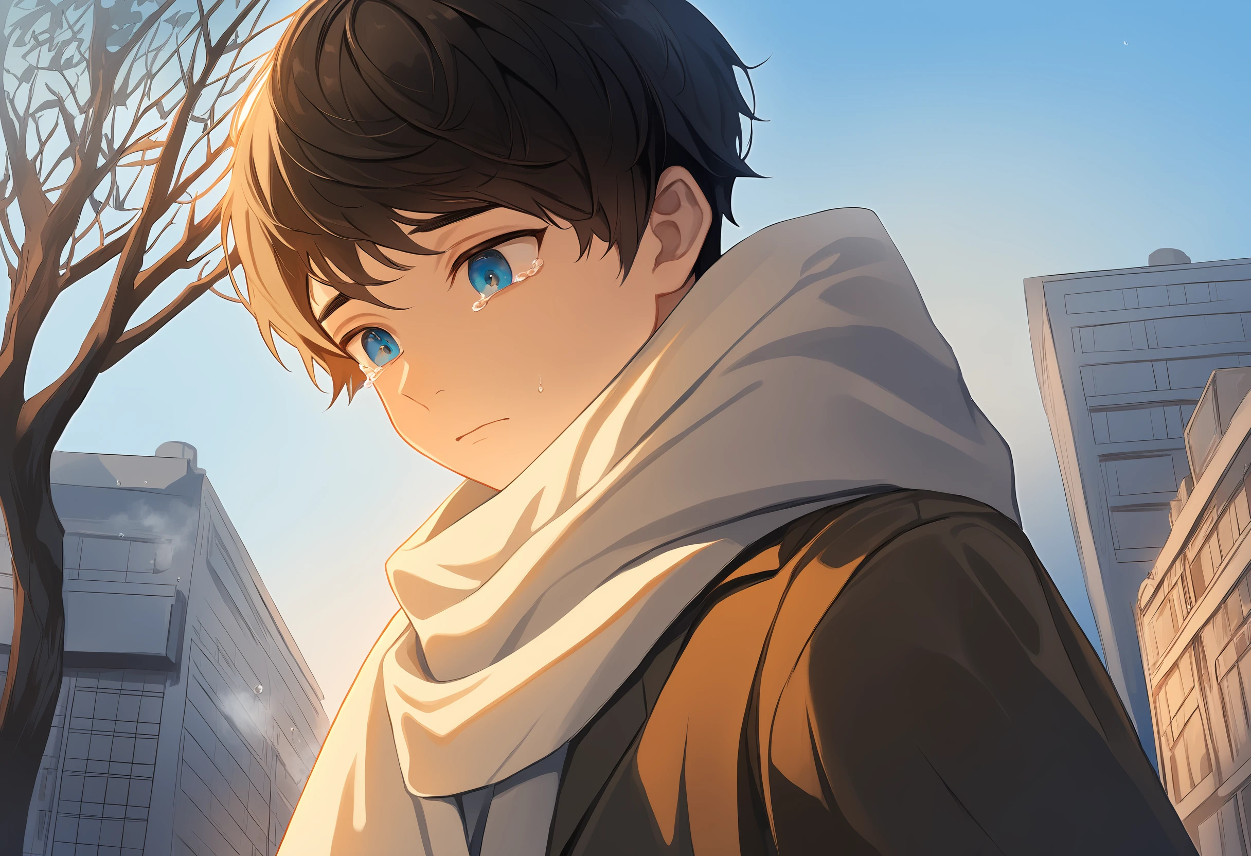 1boy, male focus, coat, scarf, outdoors, blue sky, tree, building, winter, solo, looking down, tears, black hair, blue eyes, short hair, best quality, amazing quality, best aesthetic, absurdres, year 2023