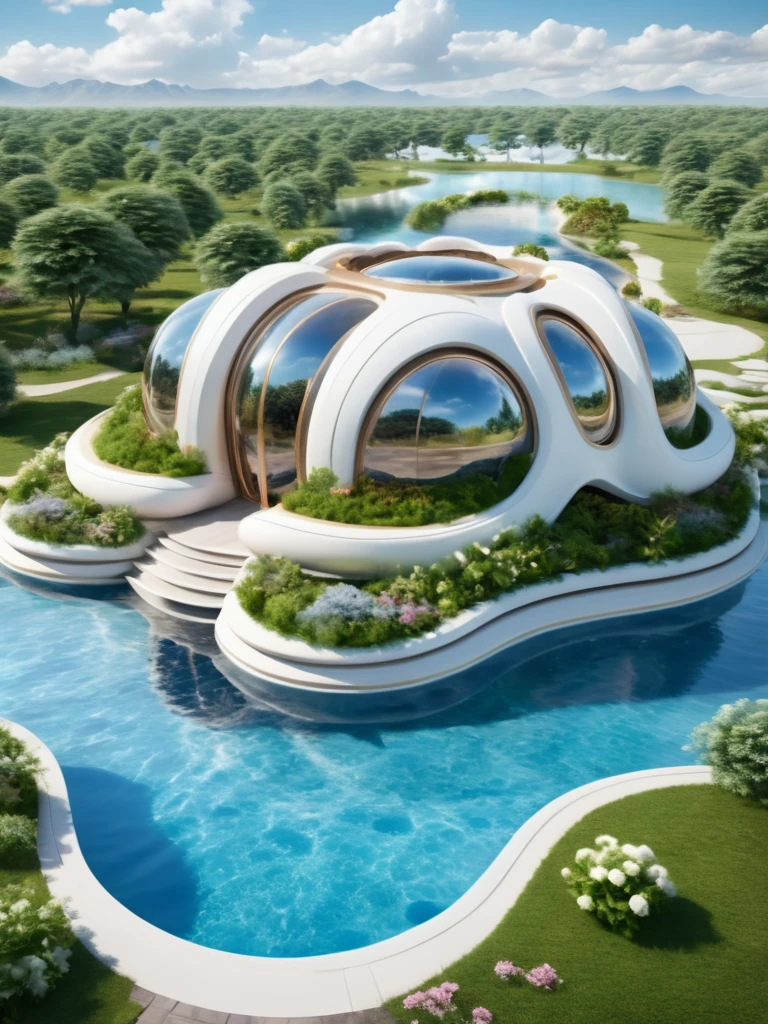 <lora:JJsFuturismStyle_Building_XL_dim128:1>, ((Futurism)),(masterpiece),(high quality), best quality, real,(realistic), super detailed, (full detail), (building),8k,scenery, sky, outdoors, cloud, water pool, blue sky, water fall, reflection, flower,tree,bush,grass,