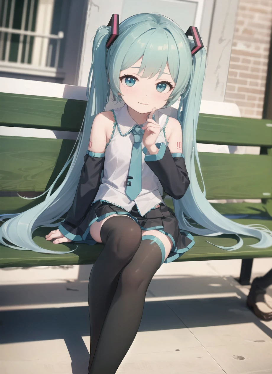 a girl sitting on a park bench, (hatsune miku:1.1), black skirt, thighhighs, detached sleeves, smile, <lora:akifn_style_v1:.8> crossed legs, dutch angle,
