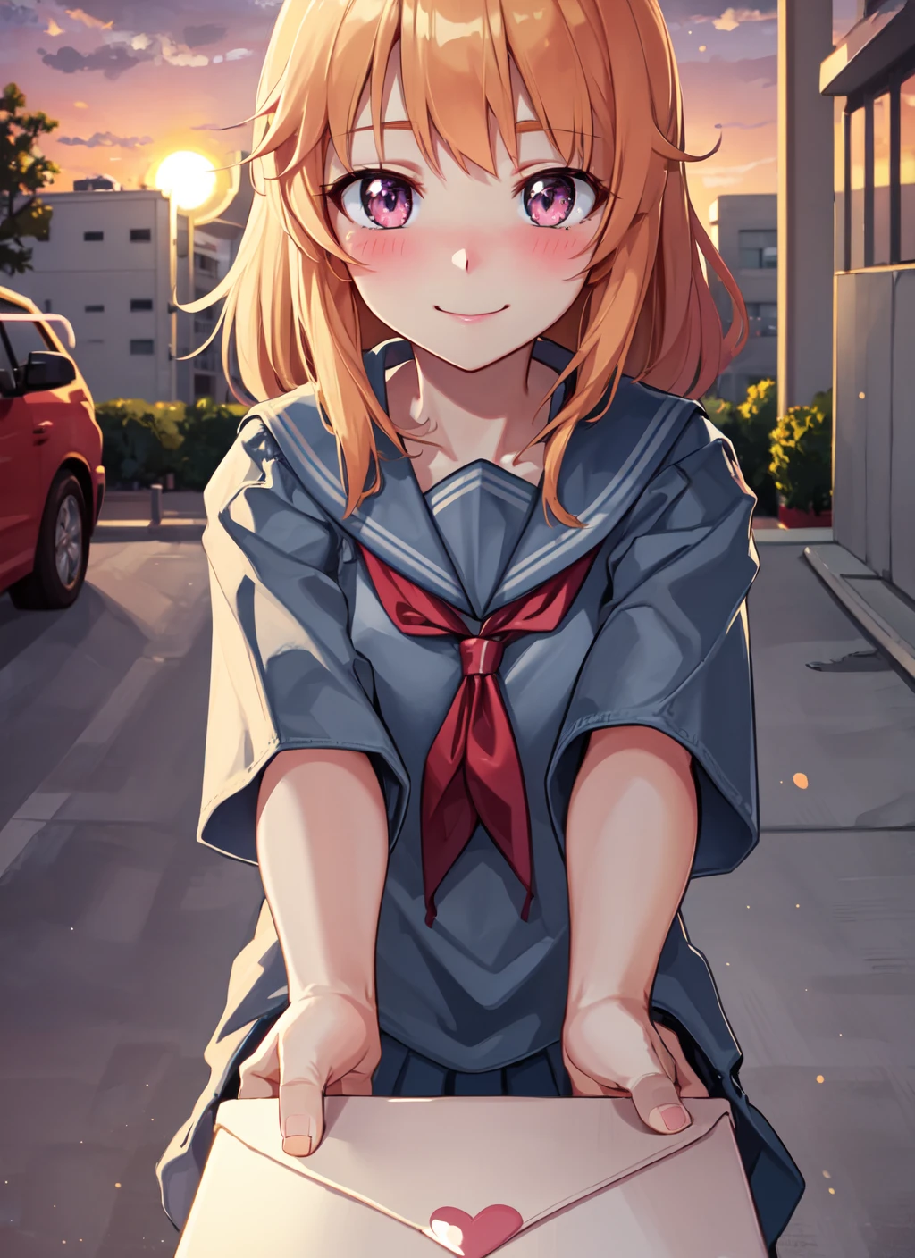 love letter, best quality, volumetric lighting, 1girl, vivid colors, outdoors, incoming gift, sunset, cloudy, school uniform, serafuku, blush, nervous smile, <lora:love_letter_v1:0.8>