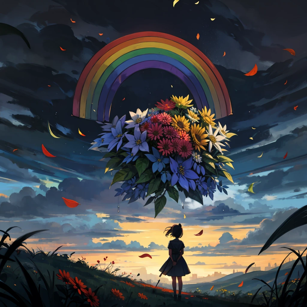 1girl, flowers, leaf, swirling mist, rainbow mist, dripping, traditional texture, (silhouette:1.3), rainbow:1.3