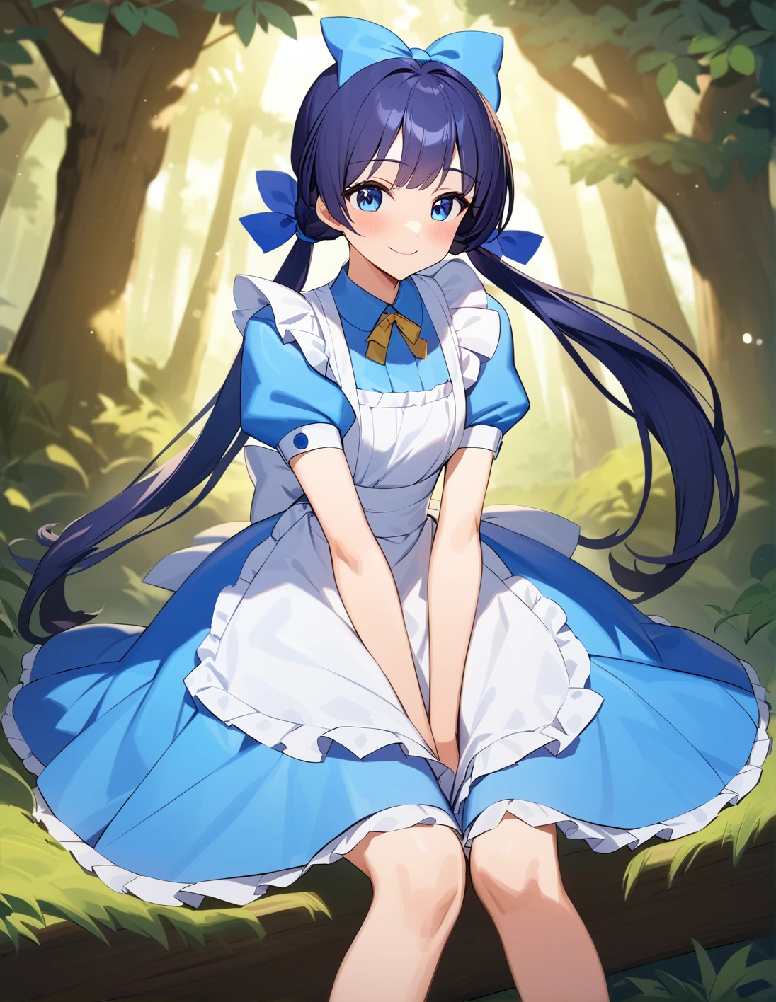 best quality, ultra-detailed, 1girl, solo, tri tails hair, dark blue hair, <lora:sdxl-alice_in_wonderland_outfit-v1:1>, aliceinwonderlandoutfit, blue dress, frilled apron,hair bow , relaxed posture, elbows extended, standing, knees ,, ,smile, <lora:ALTXL_001_4:2>, in an enchanted woodland