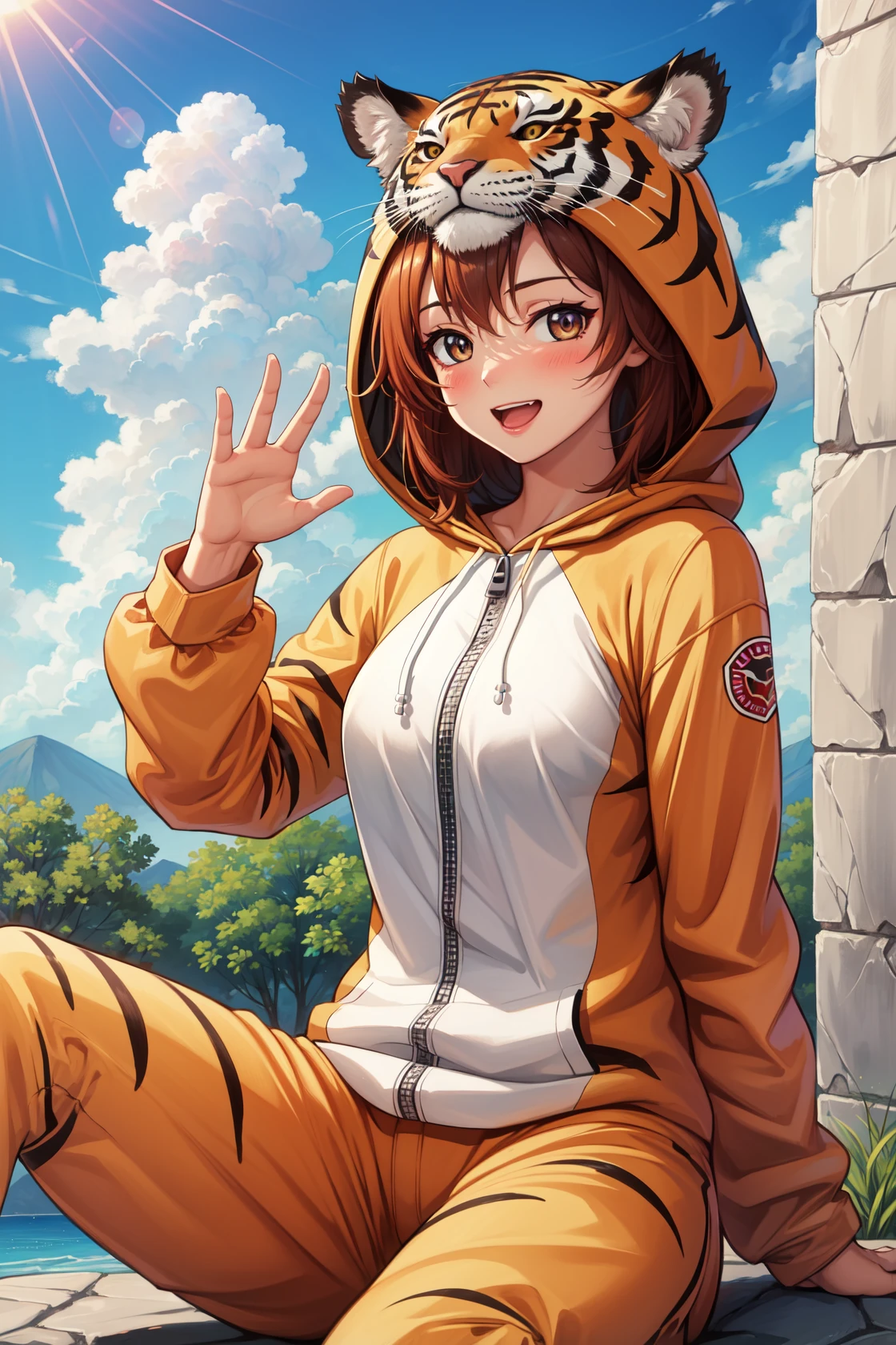 masterpiece, best quality, highres,
PajamAnimal, 1girl, solo, blush, animal ears, tiger ears, hood, hoodie, animal hood, animal costume, tiger hood, tiger costume, pajamas, tiger tail, tiger print,
sitting, cowboy shot, waving, waving arms, looking at viewer, forest, sunlight, cloudy, laughing, <lora:Concept_Pajamas:1>