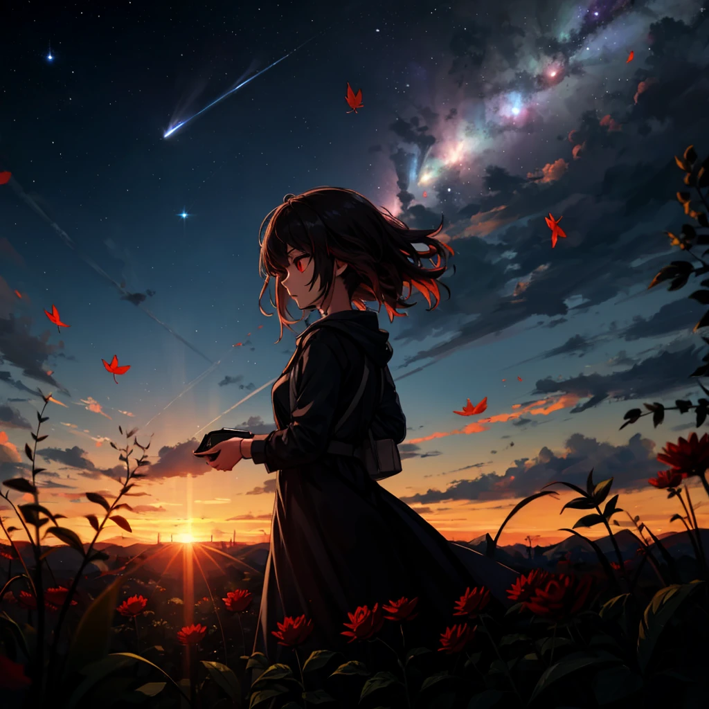 1girl, glowing eyes, red eyes, (silhouette:1.3), ambient lighting, flowers, leaf, clouds, nebula, meteor shower, impressionism