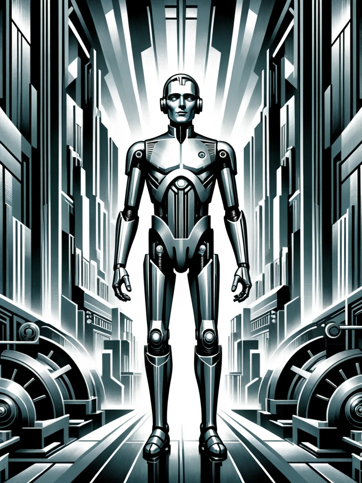 fullbodyview of an android walking through a factory, futuristic, stylized, art deco, expressionist, 1920s,  <lora:Metropolis_Movie_Poster_Style_SDXL:0.8> mad-ropolis-poster, (masterpiece:1.2), best quality, (hyperdetailed, highest detailed:1.2), high resolution textures