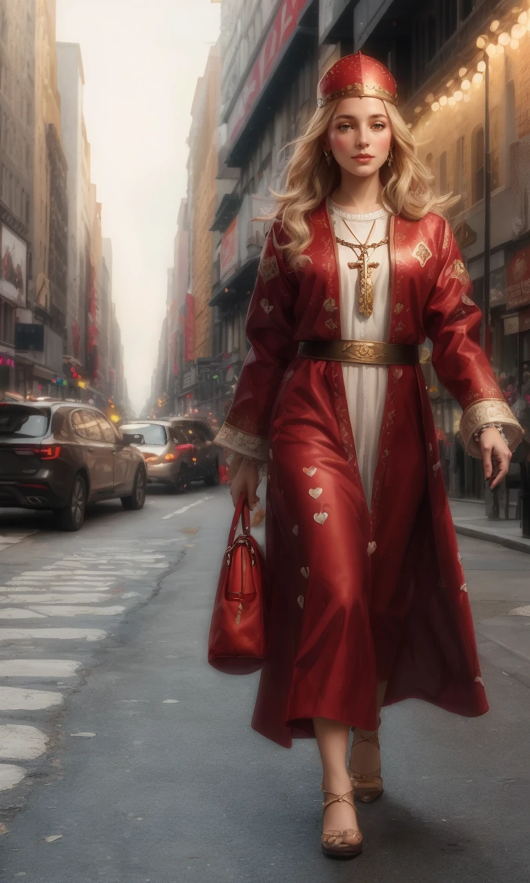 stval2024, 1girl best quality, masterpiece, full body, trending on arstation, staff, surrounded by love hearts, raw image, photorealistic,walking in new york, 5 fingers,