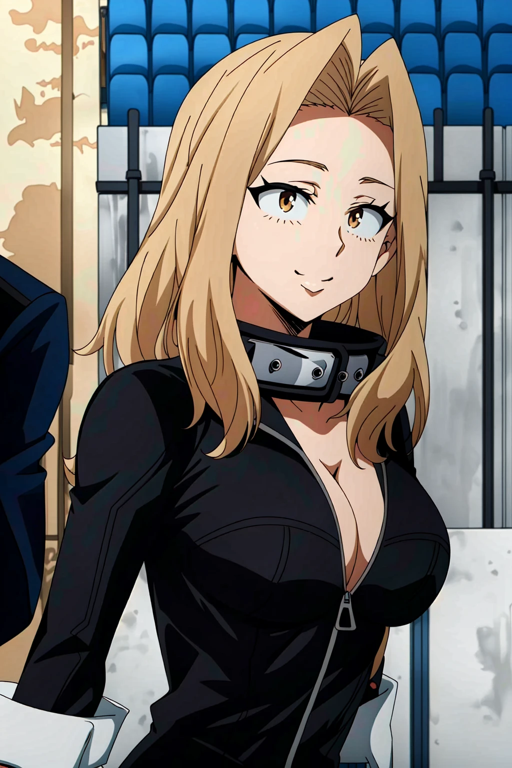 (extremely detailed CG unity 4k wallpaper),(masterpiece),(best quality),(ultra-detailed),(best illustration),(best shadow),(absurdres),(detailed background) <lora:OGT_Camie_Ustushima-v1:0.9> Camie Utsushimi, 1girl, breasts, cleavage, solo, bodysuit, brown eyes, brown hair, large breasts, long hair, black bodysuit, smile, unzipped, upper body