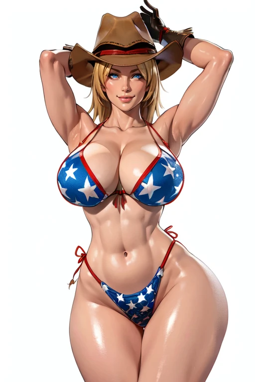 masterpiece,best quality,extreme detail,8k,white background,<lora:tina:0.7>,tina2,1girl,solo,long hair,breasts,looking at viewer,smile,blue eyes,blonde hair,large breasts,gloves,hat,navel,cleavage,swimsuit,bikini,shiny,arm up,lips,shiny skin,side-tie bikini bottom,highleg,brown gloves,realistic,highleg swimsuit,highleg bikini,fringe trim,flag print,cowboy hat,american flag bikini,