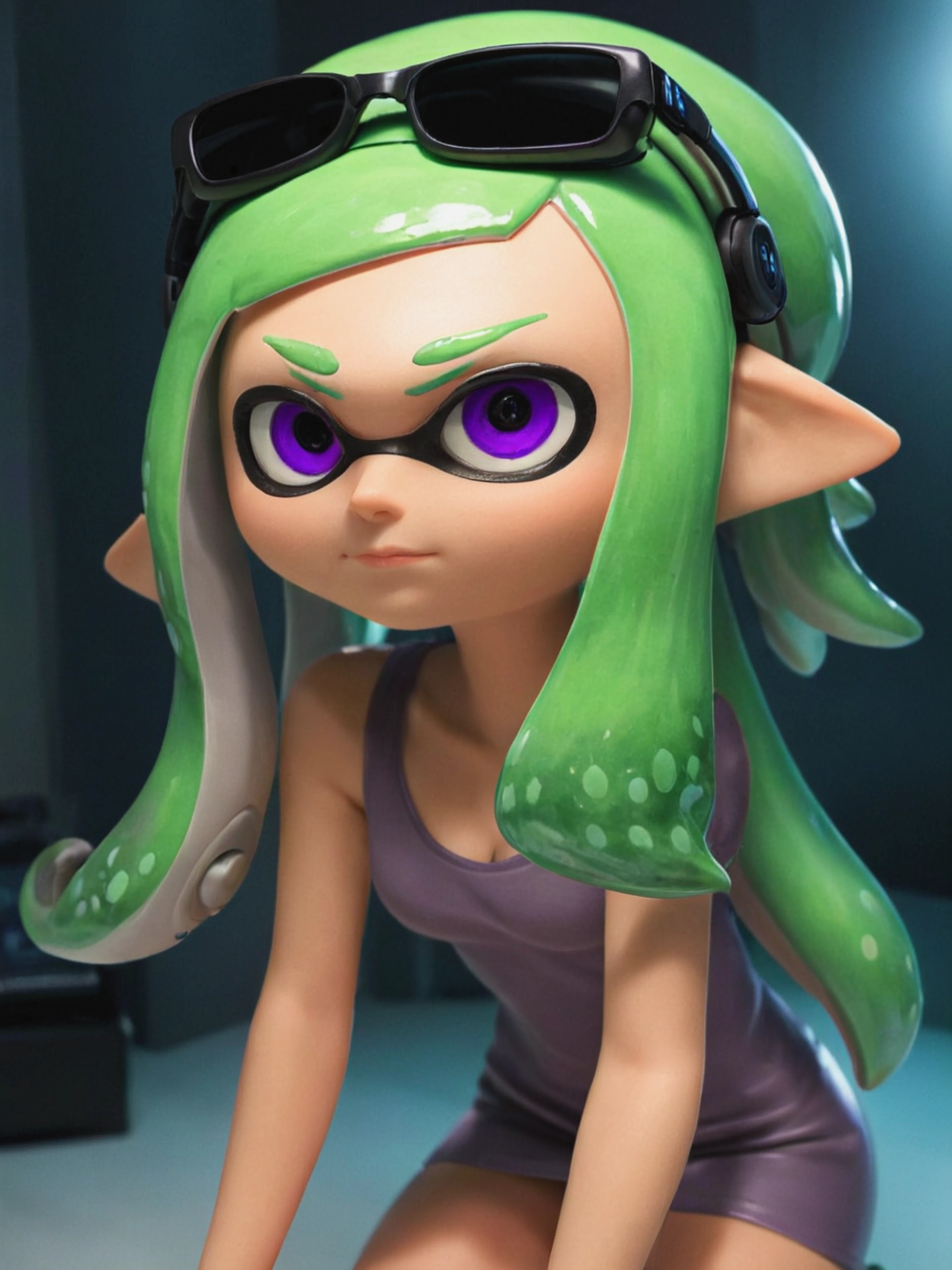 <lora:add-detail-xl:1> <lora:AiArtsChannel_Inkling:1> A close-up of an inklingâs face, with green eyes and purple hair, wearing a pair of headphones and sunglasses. The background is a cityscape of Inkopolis at night.