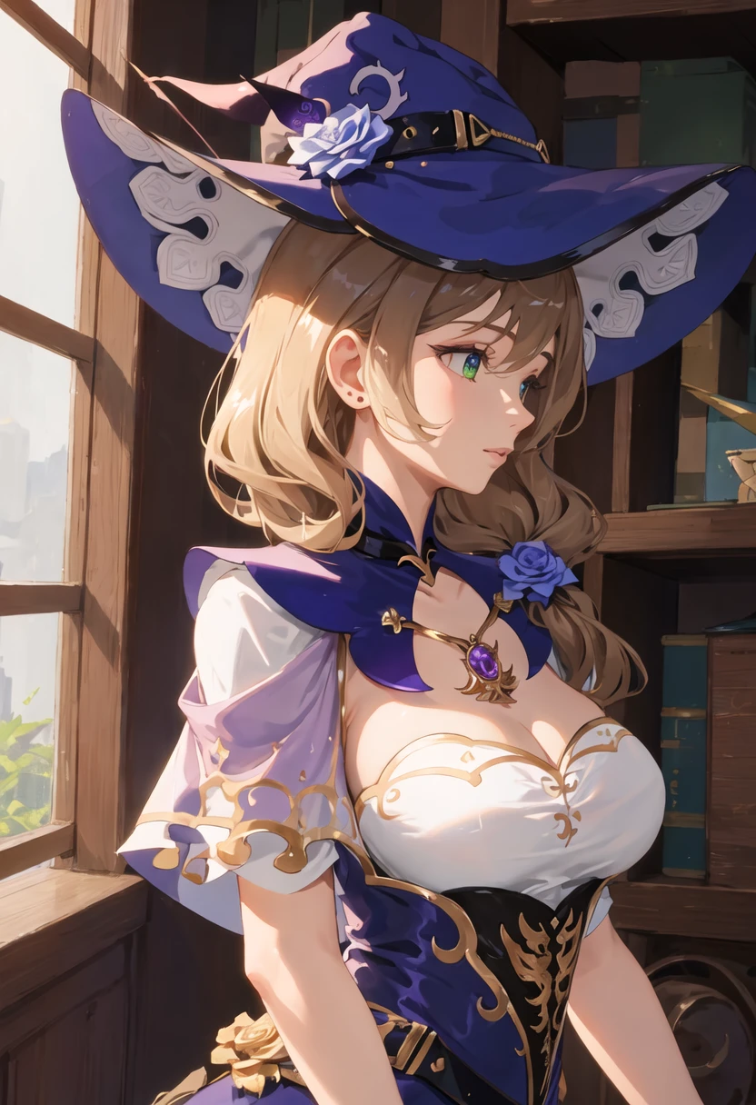 Masterpiece, high quality, blurry background, hd, 4k,dark dungeon,lisadef, (huge breasts),standing, blush, looking at viewer, upper body, (dynamic poses, dynamic angle
