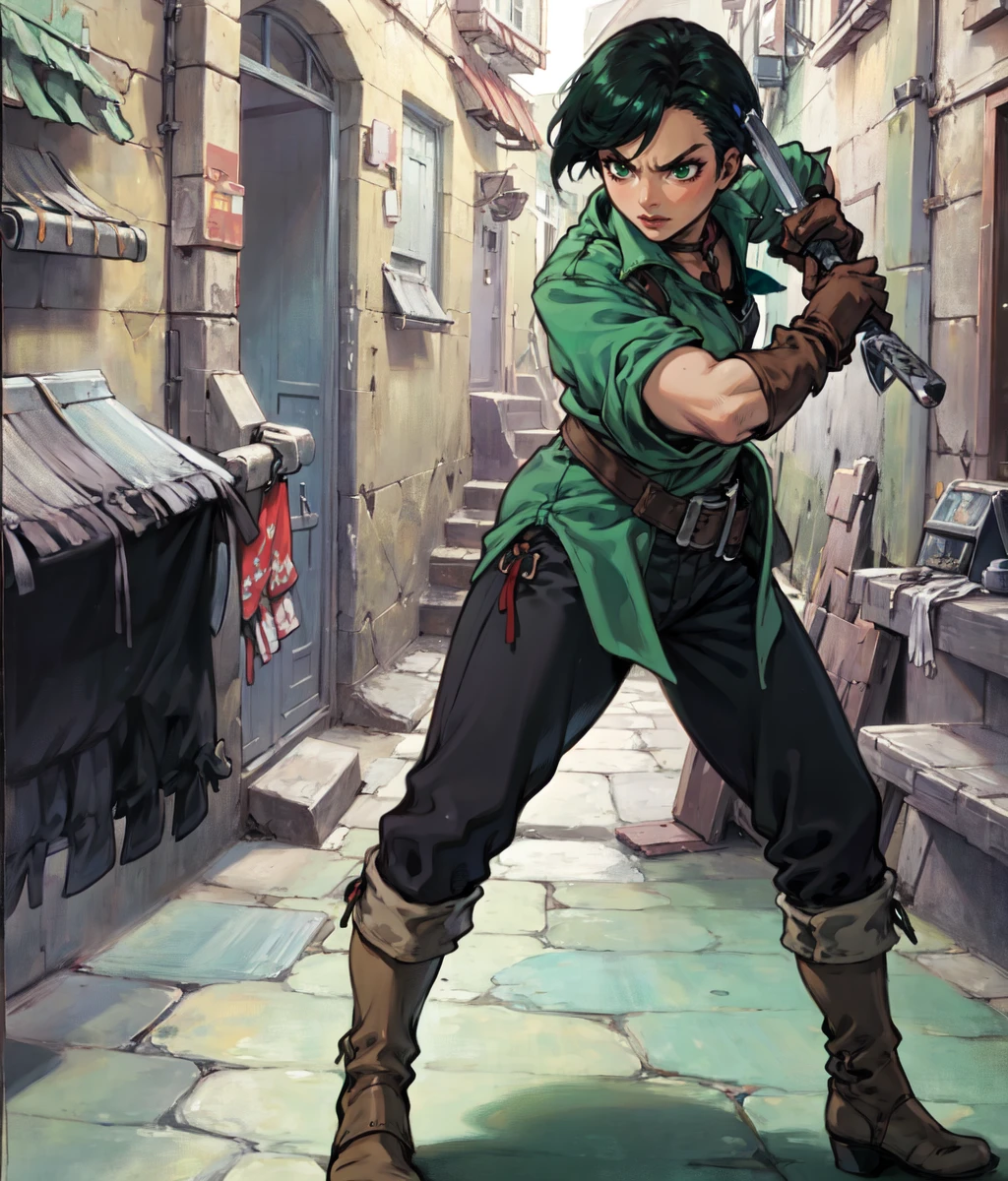 masterpiece, anime screencap, 1girl, solo, mature woman, short hair, feather ornament, black hair, green shirt, black pants, gloves, boots, angry, sword, fighting, indoors, medieval tavern, full body, cowboy shot  <lora:Queen:1>