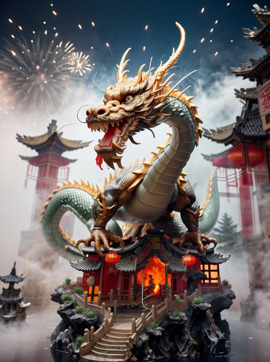 <lora:quiron_lunarNewYear2024_v1_lora:0.87> lunarNewYear2024quiron,festival party, lights, fireworks,  chinese festival, crowded, new year celebration , 
claws, dragon, east asian architecture,  fine art parody, lunar new year 2024 quiron, lunarnewyear2024quiron, open mouth, paper lantern, realistic, sharp teeth, tail, 
eastern dragon, scales, crocodile nose, red (Chinese lanterns )in background, fog,  fireworks and fog  far background, fire, lighting, glowing dragon scales,   intricate detailed, 3d ice cube, dripping, on smoke, 8k, light glitter on box, to go on a 3d futuristic box exactly like uploaded example/reference. One single shape on the box. Word "Ice" on the front. Put text on side of box that says "Trap Melody Kit",