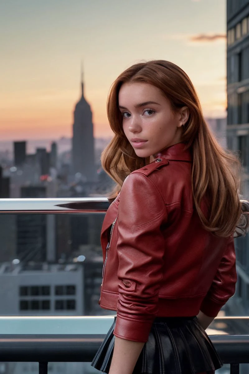 photo of S316_ZoeyLuna,a stunning woman,in a (city),wearing a (red-leather-jacket) and a (skirt),(sunset),(4k, RAW photo, best quality, depth of field, ultra high res:1.1),(absurdres, intricate, photorealistic, masterpiece, ultra-detailed:1.1),