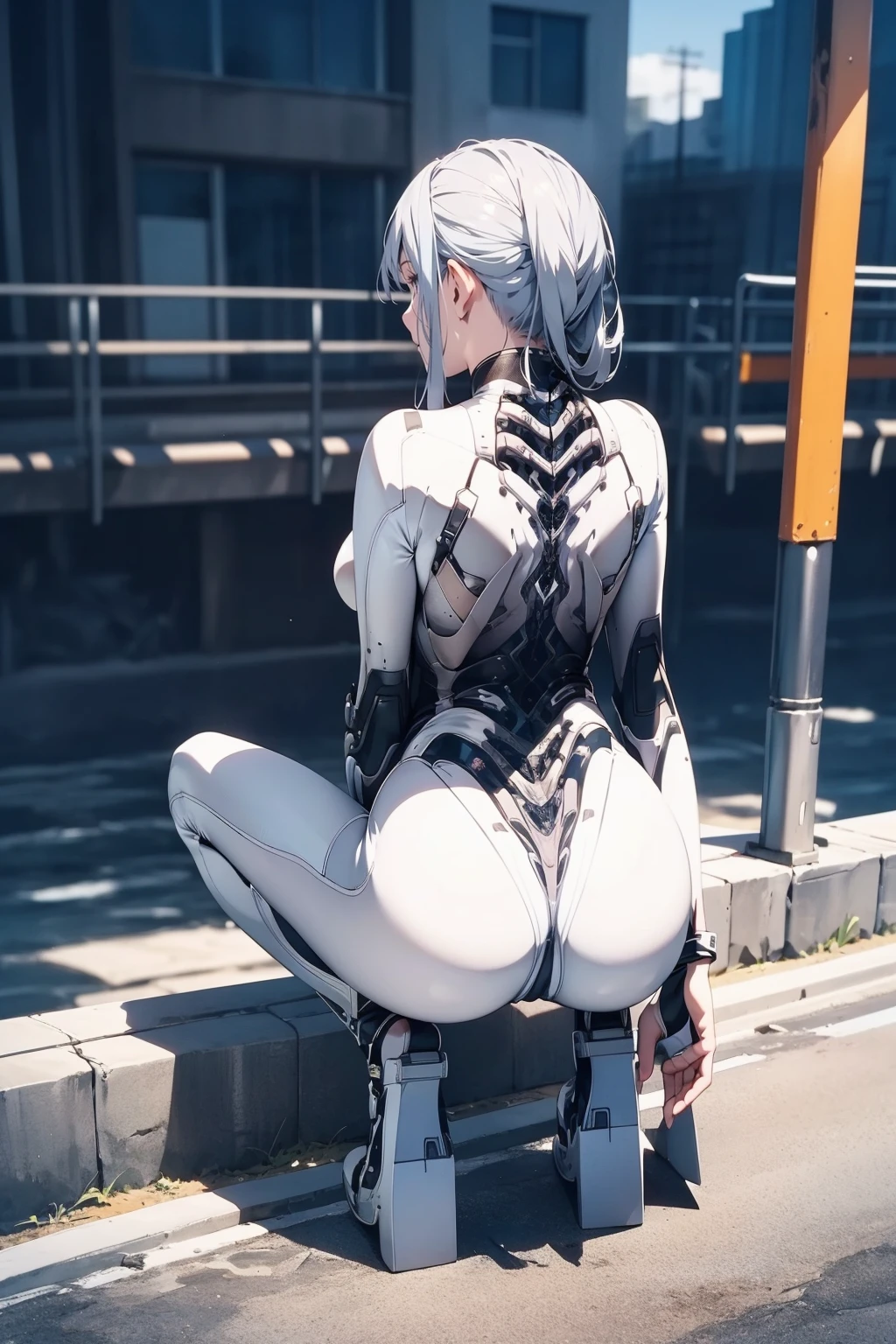 1girl,solo,medium breasts,outdoors,<lora:GoodHands-beta2:1>,(full body:1.3),(spread legs:1.1),<lora:0213 mechanical print jumpsuit_v1:0.9>,ruanyi0213,cable,mechanical parts,spine,(from behind:1.2),sitting on stairs,sitting,, best quality,masterpiece,highres,official art,extremely detailed cg unity 8k wallpaper