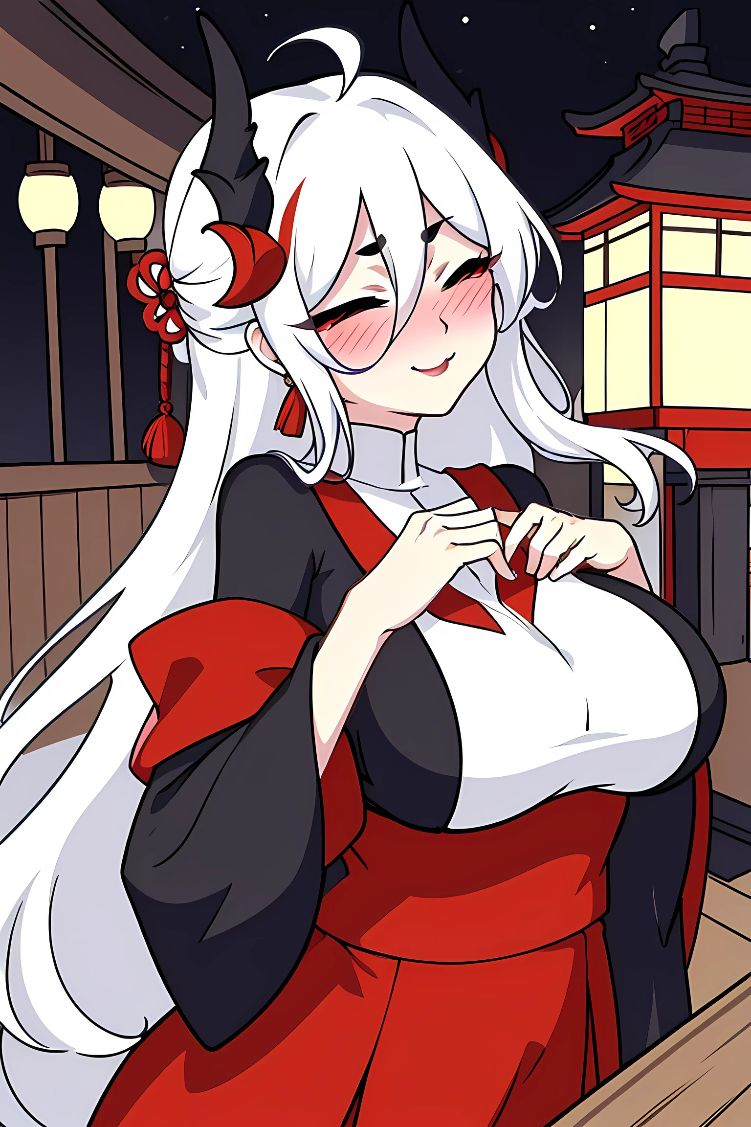 dark shot, masterpiece, best quality, very detailed illustrations, Japanese temple background, evening, posing, costs, <lora:Tsuru:0.5>, 1girl, solo, closed eyes, long white hair, hair between eyes, streaked hair, horns, smile, blush, japanese clothes, long sleeves,