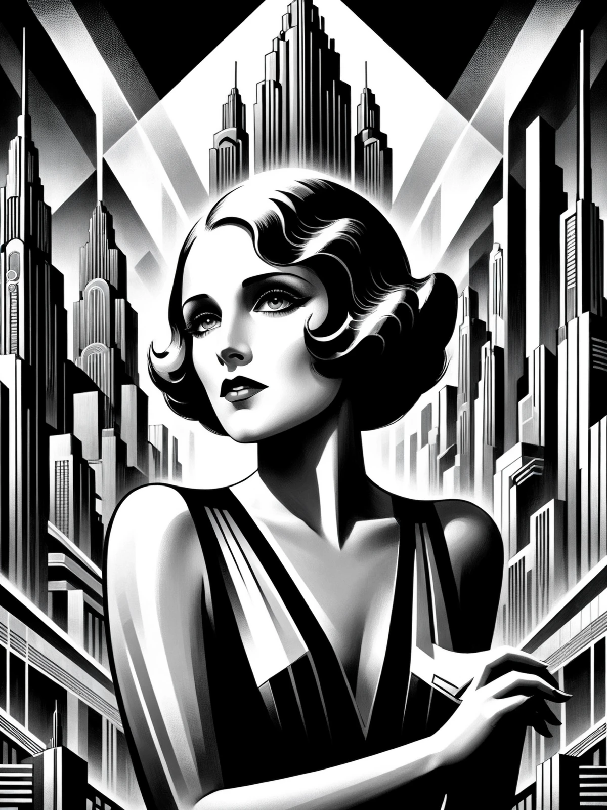 woman, office, futuristic, stylized, art deco, expressionist, 1920s, black and white, city in the background  <lora:Metropolis_Movie_Poster_Style_SDXL:0.8> mad-ropolis-poster, (masterpiece:1.2), best quality, (hyperdetailed, highest detailed:1.2), high resolution textures