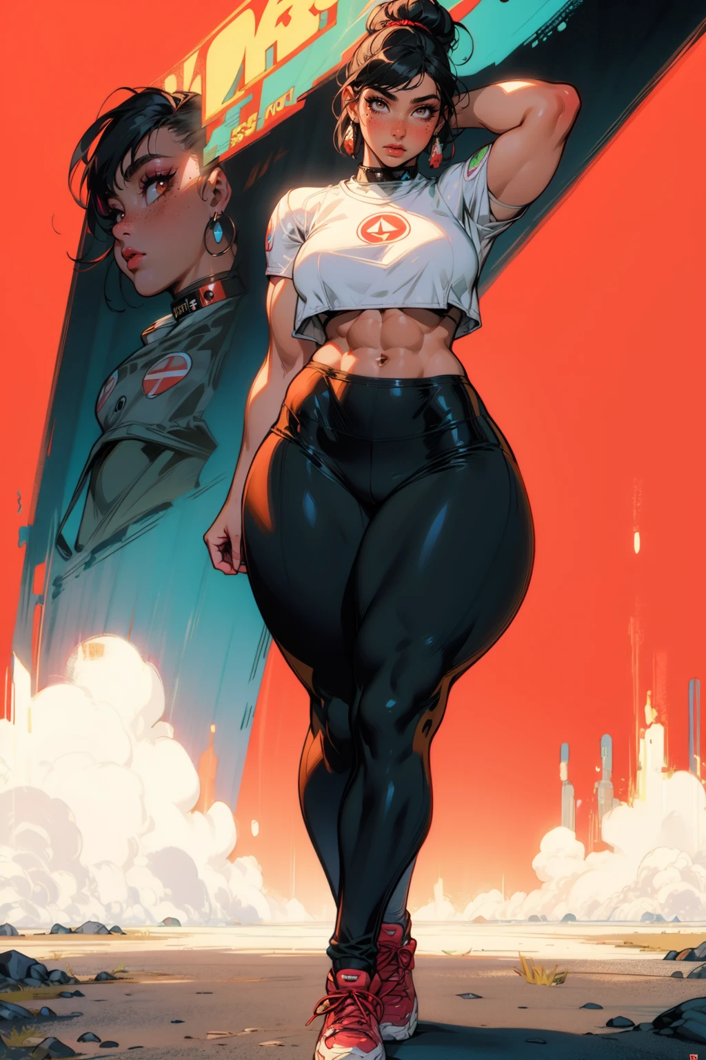 (masterpiece, best quality, hires, high resolution:1.2), (extremely detailed, realistic, intricate details, highres), 3d, cg, 1girl, korean popstar, crop top, yoga pants, sneakers, long legs, smokey makeup, skinny, underboob, muscular, abs, shiny skin, black hair, blush, freckles, eyeliner, eyeshadow, eyelashes, bun, plugsuit, science fiction, (cinematic lighting, sunlight, volumetric), looking at viewer, eye-level shot, close-up shot, simple red background, vintage fantasy, 1960s \(style\), film grain, (atompunkstylesd15:1.0), (soviet poster:1.4), view from behind, full body, (thick thigh:1.49), <lora:GoodHands-beta2:1>