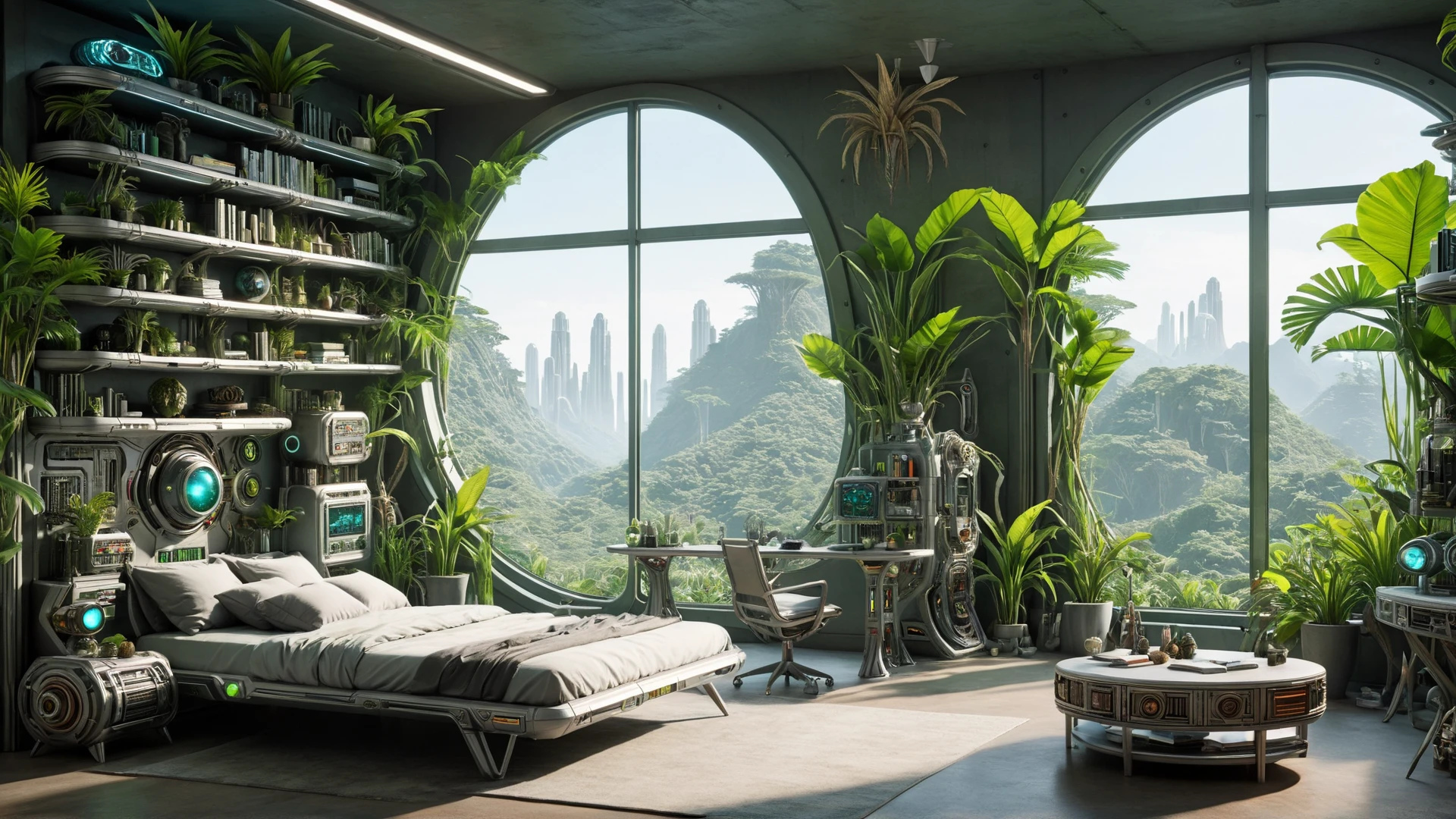 A (ecopunk scifi:1.5) bedroom with table and shelf, jungle visible through window, noon, bright.
(intricate sharp details:1.5), ultra high res