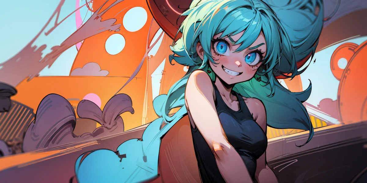 Gruesome and spooky details、Cute Smile、Mysterious atmosphere、Alice in Wonderland、Enthusiastic atmosphere、Mischievous Smile、Expressive gestures、Comical movement、Psychedelic Mushroom Background