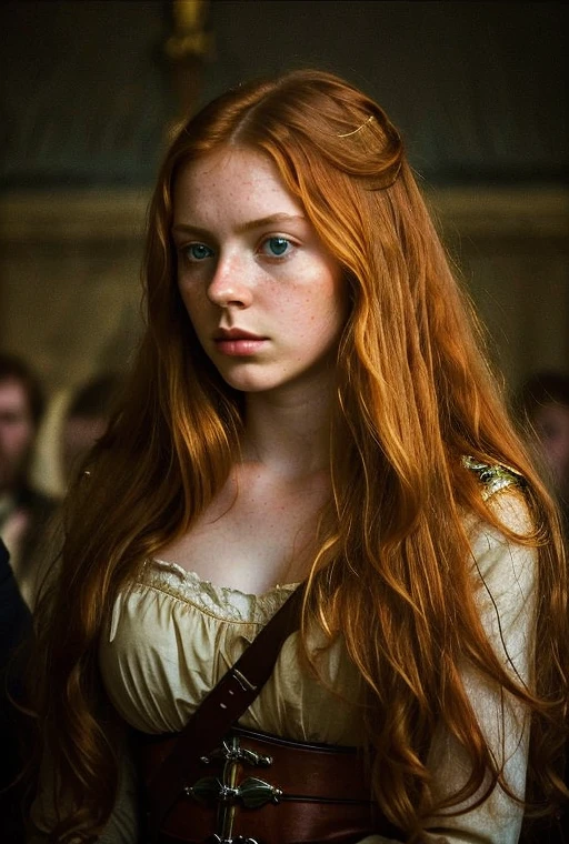 ginger, woman, long hair, green eyes, beautiful, gorgeous, On a Napoleonic battlefield, a ray of light from heaven illuminates his face, In the background a large battlefield, 8k, soft lighting, high quality, film grain, Fujifilm <lora:ginger_v03:1>