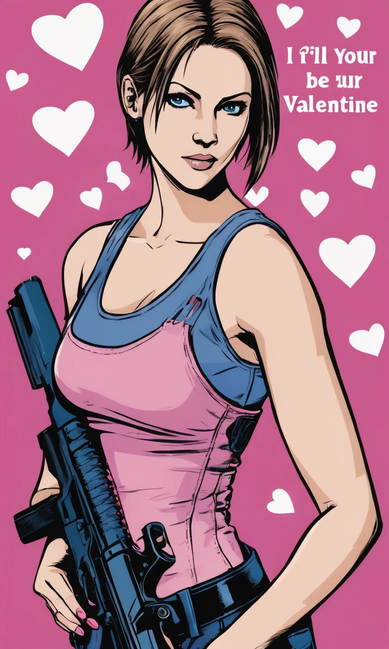valentine card, simple pink background, Jill Valentine, re4, text reads "I'll be your Valentine", hearts, blue tank top, resident evil 4, holding gun