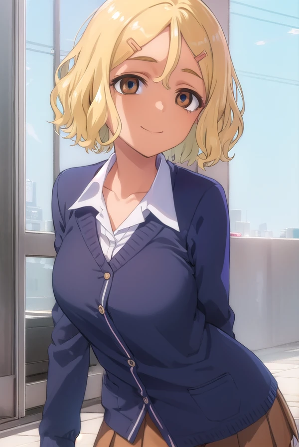 ijiranaidesakura, <lora:ijiranaide sakura s1s2-lora-nochekaiser:1>,
sakura, short hair, blonde hair, hair ornament, (brown eyes:1.5), hairclip, dark skin, dark-skinned female, smile,
BREAK skirt, school uniform, pleated skirt, shoes, socks, loafers, gyaru, loose socks, kogal,
BREAK indoors, classroom,
BREAK looking at viewer, (cowboy shot:1.5),
BREAK <lyco:GoodHands-beta2:1>, (masterpiece:1.2), best quality, high resolution, unity 8k wallpaper, (illustration:0.8), (beautiful detailed eyes:1.6), extremely detailed face, perfect lighting, extremely detailed CG, (perfect hands, perfect anatomy),